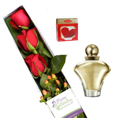 Box with 3 roses and Ccori Cristal 