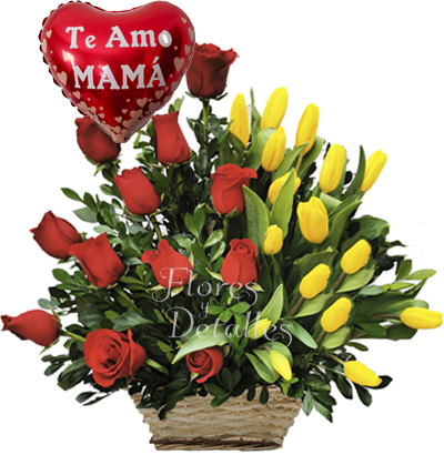 MA  Canasta con Rosas y Tulipanes