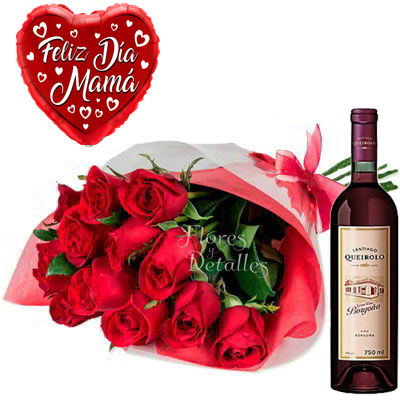 MA14 Ramo con 12 rosas y vino